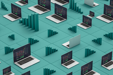 Laptops showing stock market statistics on screen