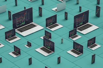Laptops and smartphones showing stock market statistics on screen