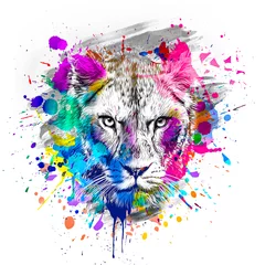 Deurstickers Colorful hand-drawn lion muzzle, abstract colorful background © reznik_val