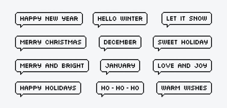 Set of christmas and new year season speech bubble pixel art.