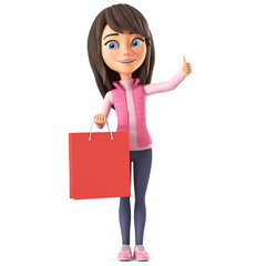 Cartoon character beautiful girl in a pink jacket holding a purchase and showing a thumb up on a white background. 3d render illustration.