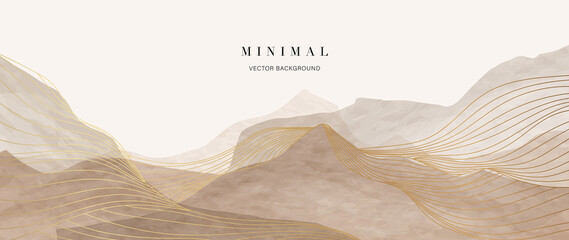 Mountain background vector. Minimal landscape art with watercolor brush and golden line art texture. Abstract art wallpaper for prints, Art Decoration, wall arts and canvas prints. 
