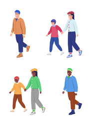 People on winter walk semi flat color vector character set. Posing figures. Full body people on white. Cold weather isolated modern cartoon style illustration for graphic design and animation bundle