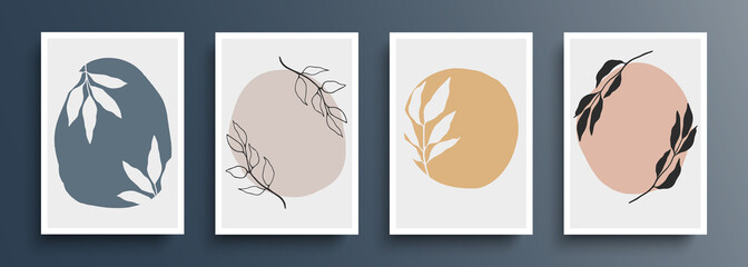 Botanical backgrounds set. Hand drawn boho foliage covers drawing with abstract shapes. Abstract floral backgrounds for your creative graphic design. Vector illustration.