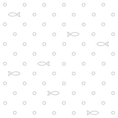 Simple minimalistic seamless vector pattern with gray fish and bubbles on a white background