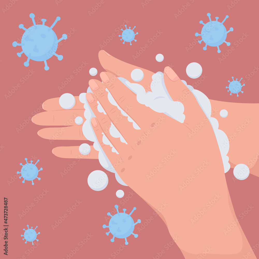 Poster disinficetion instruction flat color vector illustration. cleansing in water with soap to avoid bact