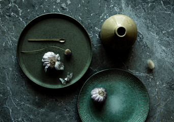 Dark Green Ceramics Pottery on marble