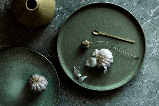Dark Green Ceramics Pottery on marble