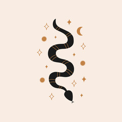 Modern minimal mystical print with a wriggling snake, crescent moon, stars on a pastel background.  Magic vector illustration for spiritual practices of ethnic magic and rites.