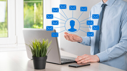Male hand holding letter icon,email icons .Contact us by newsletter email and protect your personal...