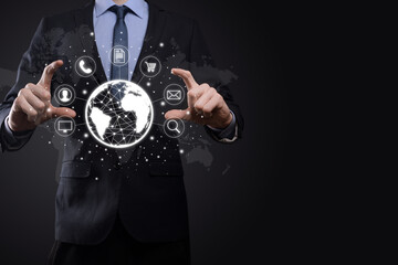 Business man hiold, use,press infographic icon of community technology digital.Concept of hi tech and big data. Global connection.IoT Internet of Things . ICT Information Communication Network .