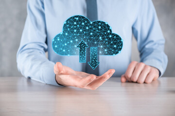 Cloud technology. Polygonal wireframe cloud storage sign with two arrows up and down on dark blue....