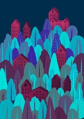 Winter illustration with forest. Night forest. Many different trees illustration.