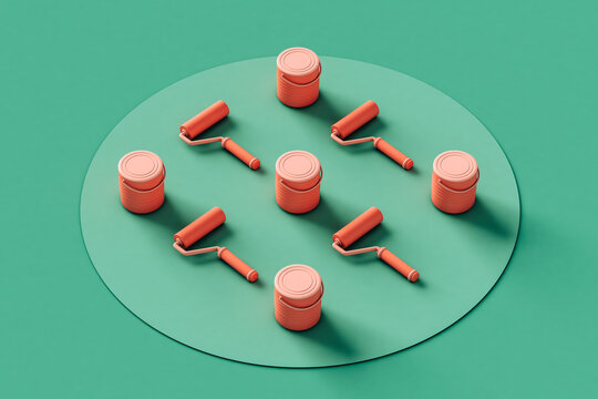 Paint rollers on a circular design on green background.