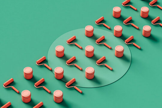 rows of paint buckets and brushes on gree. 3D render