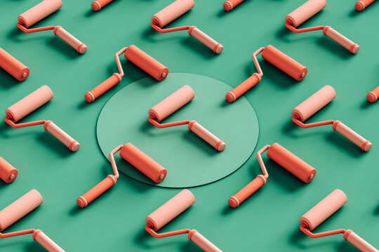 pink paint rollers pattern on green. 3D render