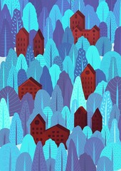 Winter forest Illustration. Houses in the winter forest.