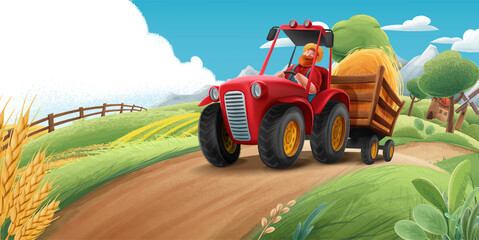 farmer with tractor illustrated agricultural landscape © mollicart