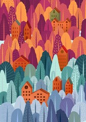 Autumn nature, village, country, city landscapes. Orange illustration of natural, urban and rustic background for poster, banner, card, brochure or cover.