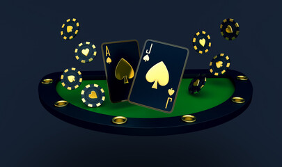 casino cards poker blackjack baccarat dice craps  Black And Red Ace Symbols With Golden Metal 3d render 3d rendering illustration  - obrazy, fototapety, plakaty