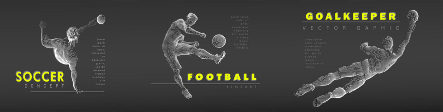 A set of football, soccer players drawing by white lines with text on dark-gray background