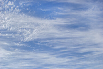 Naklejka na ściany i meble Background white cirrus clouds on the background blue sky.