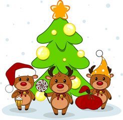 Three Christmas reindeer Santa Claus in winter hats are standing near the Christmas tree decorated with Christmas balls and a Christmas star. Vector drawing.
