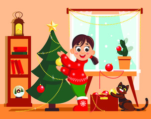 Obraz na płótnie Canvas Vector christmas or new year illustration. Pretty girl wearing red sweater and her playful cat decorate fir tree at cozy room. Holiday cartoon design with characters for card, poster, invitation. 