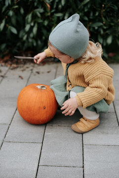 Curious little girl bending down to play with a pumpkin