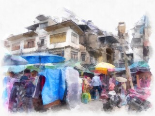 Old commercial buildings and fresh markets in Bangkok watercolor style illustration impressionist painting.