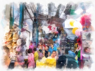 Inside the market of Bangkok watercolor style illustration impressionist painting.