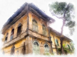 Obraz premium European colonial architecture buildings in abandoned yellow Bangkok watercolor style illustration impressionist painting.