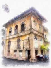 Obraz premium European colonial architecture buildings in abandoned yellow Bangkok watercolor style illustration impressionist painting.