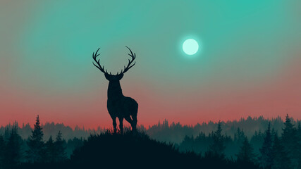 A deer stands on a hill surrounded by forest and looks into the distance at the blazing horizon. The moon is high. 2D illustration