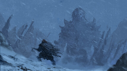 A viking warrior stands against the ice giant and prepares for battle. A blizzard is raging around. 2D illustration - obrazy, fototapety, plakaty
