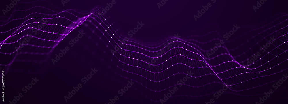 Aufkleber Pink wave. Abstract background of points and lines. Cyber structure. Big data stream. 3d rendering
