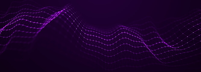Pink wave. Abstract background of points and lines. Cyber structure. Big data stream. 3d rendering