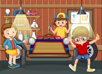 Garage scene with children fixing a car together