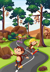 Park scene with monkeys doing different activities