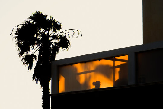 Silhouette of a woman on the terrace.