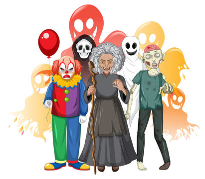 Halloween cartoon character with witch and clown and zombie