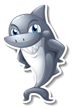 Funny grey shark cartoon character sticker