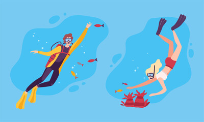 Young Man and Woman Character in Goggles and Flippers Sea Diving and Floating Underwater Vector Set