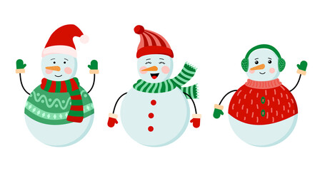 Cartoon snowmen in hats, scarfs, sweaters, earmuffs. Vector illustration. Isolated on white background. New Year or Christmas characters.