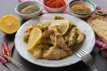 Lahana Sarma, Turkish traditional food,a boiled cabbage leaf that is formed into a roll with a stuffing of rice