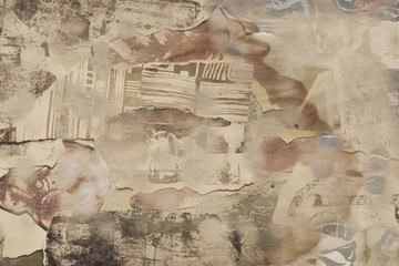 Abstract background with graphic elements, spots of light and a torn paper texture. Faded light nostalgic retro backdrop. Raster illustration