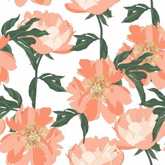 Peony flowers. Seamless pattern with vintage orange flowers with leaves. Floral beige background.