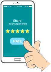 Share your experience rate button in smartphone, human hand pointing to mobile phone screen, vector illustration of tablet pc with rating application isolated on white, five stars on device