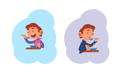 Schoolchild Daily Routine with Boy Having Breakfast Vector Set