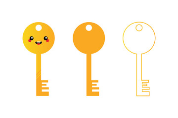 Set, collection of cute cartoon style golden key character with keys icons, symbols isolated on white background.